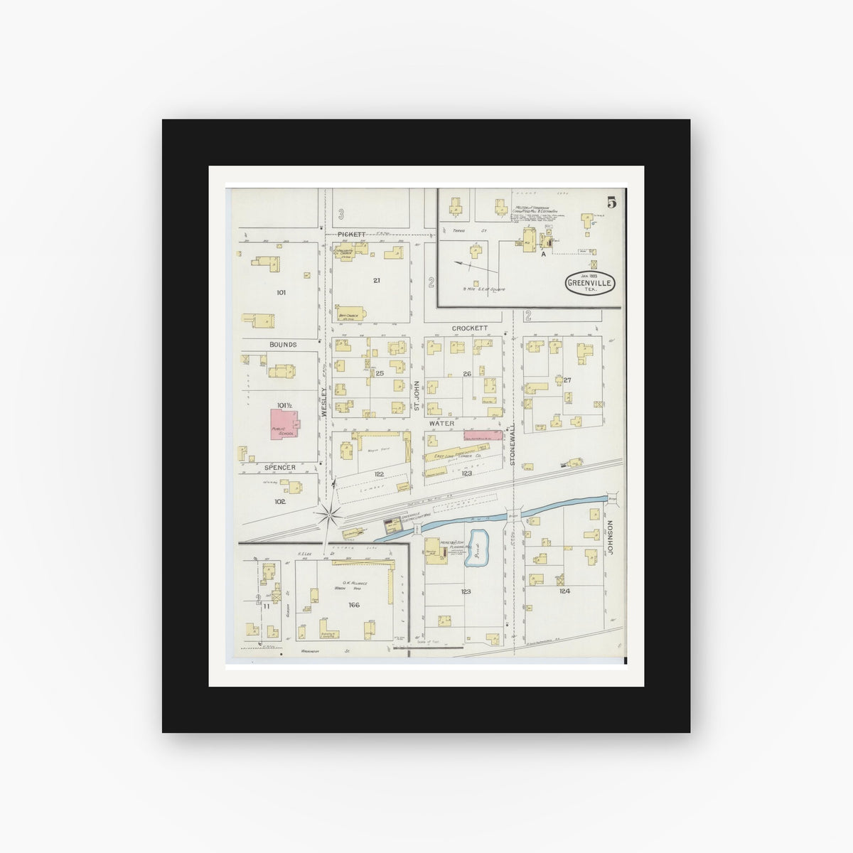 Old map wall art mockup — black gallery frame with white mat — Sanborn Fire Insurance Map from Greenville, Hunt County, Texas (1893), Sheet #0005