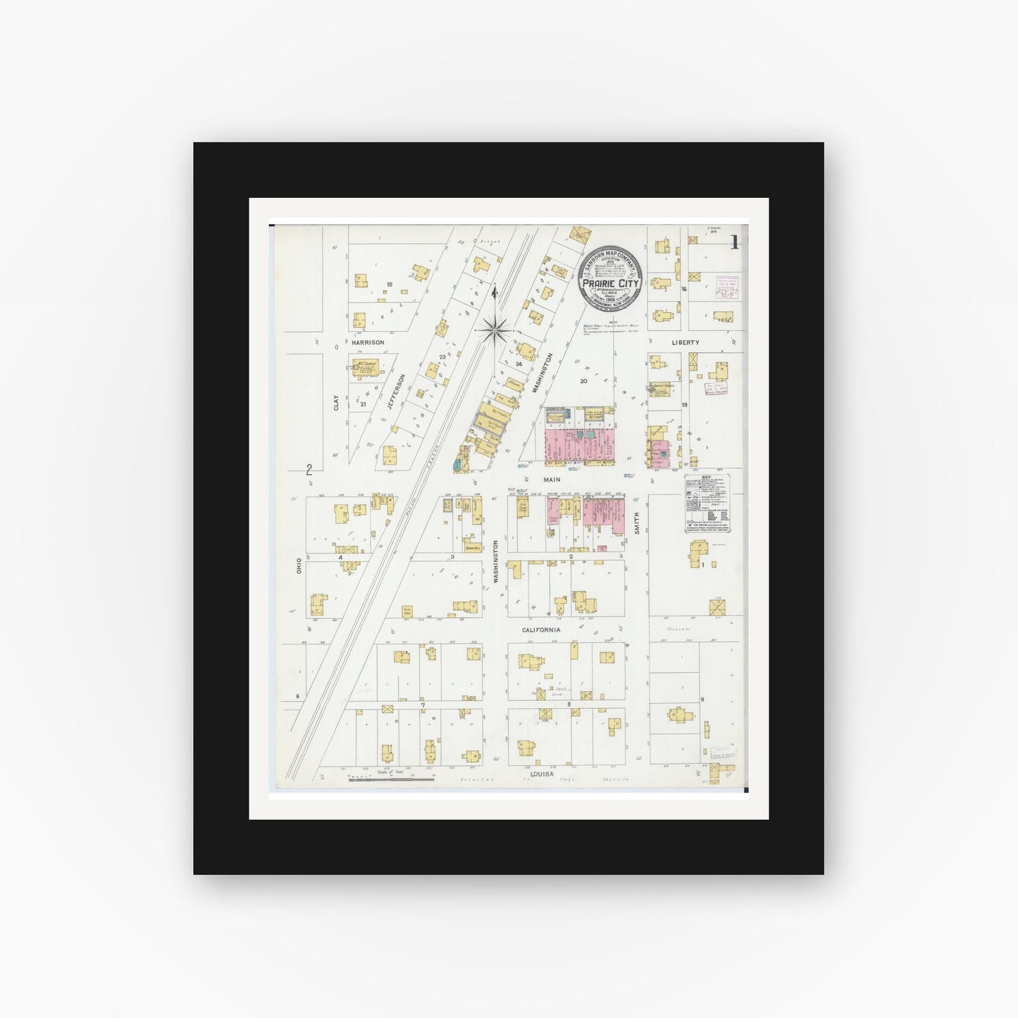 Old map wall art mockup — black gallery frame with white mat — Sanborn Fire Insurance Map from Prairie City, Mcdonough County, Illinois (1906), Sheet #0001