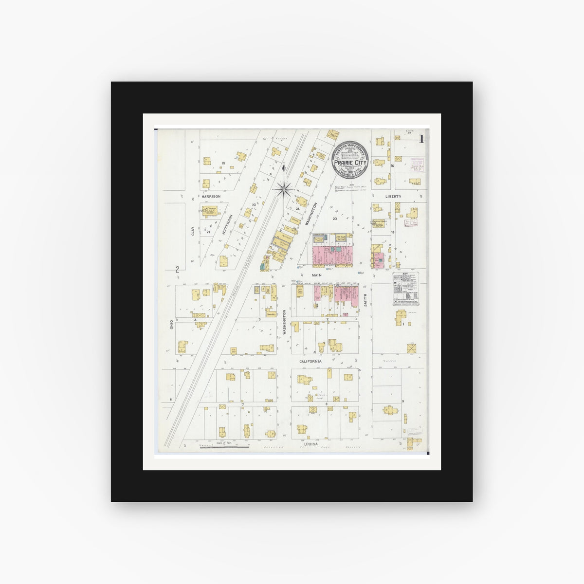 Old map wall art mockup — black gallery frame with white mat — Sanborn Fire Insurance Map from Prairie City, Mcdonough County, Illinois (1906), Sheet #0001