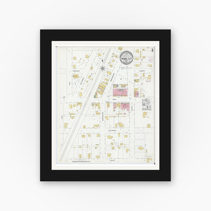 Old map wall art mockup — black gallery frame with white mat — Sanborn Fire Insurance Map from Prairie City, Mcdonough County, Illinois (1906), Sheet #0001