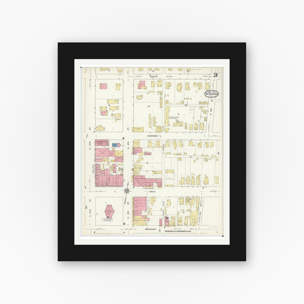 Old map wall art mockup — black gallery frame with white mat — Sanborn Fire Insurance Map from Mount Vernon, Jefferson County, Illinois (1913), Sheet #0003