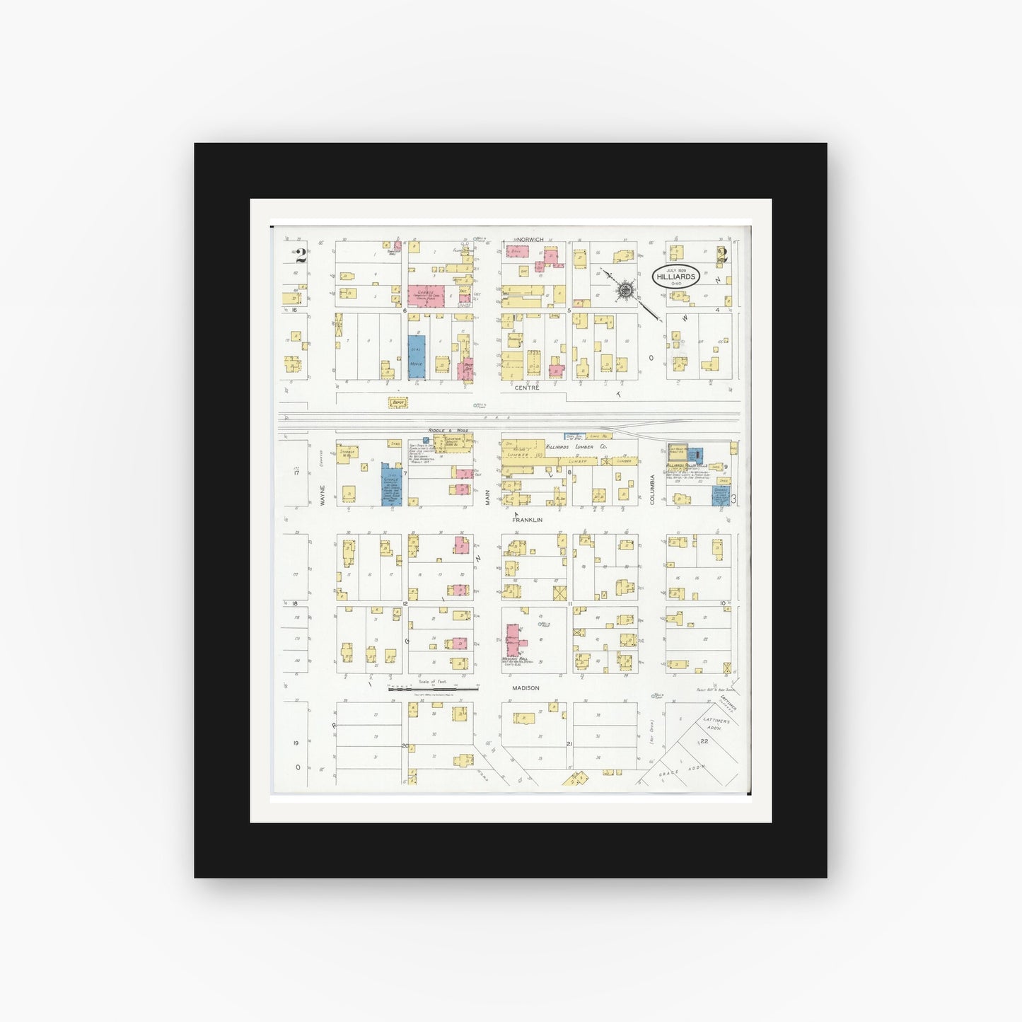 Old map wall art mockup — black gallery frame with white mat — Sanborn Fire Insurance Map from Hilliards, Franklin County, Ohio (1929), Sheet #0002