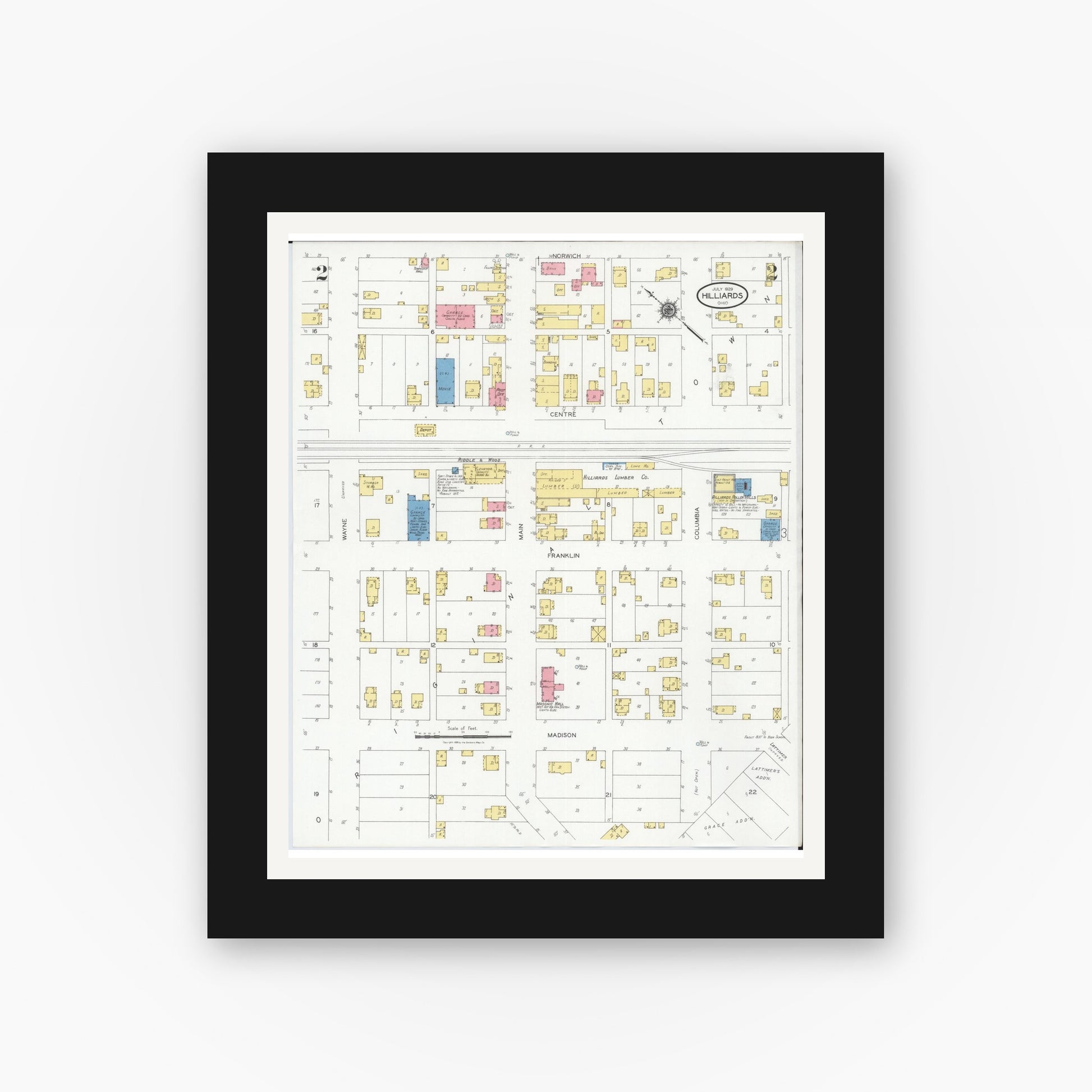 Old map wall art mockup — black gallery frame with white mat — Sanborn Fire Insurance Map from Hilliards, Franklin County, Ohio (1929), Sheet #0002