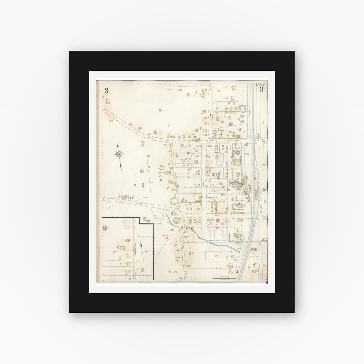 Old map wall art mockup — black gallery frame with white mat — Sanborn Fire Insurance Map from Overton, Rusk County, Texas (1939), Sheet #0003