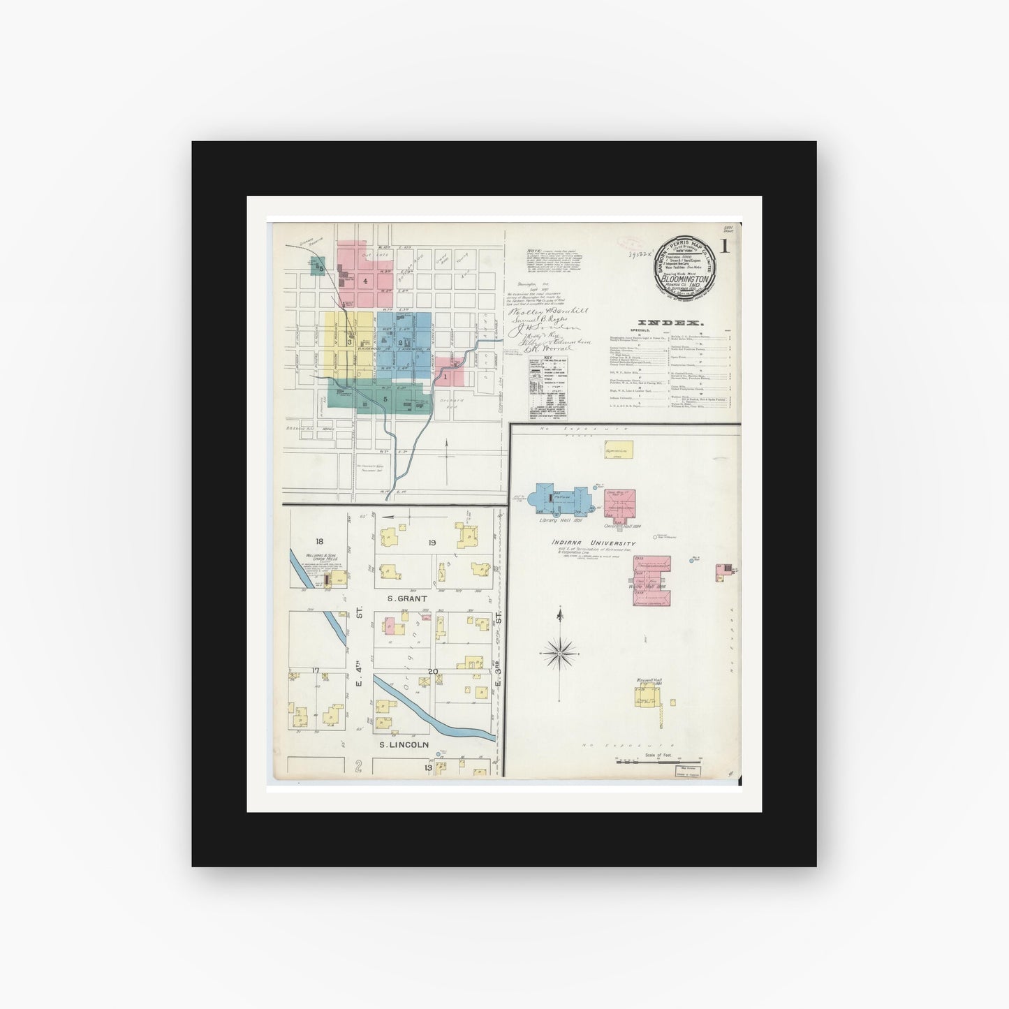 Old map wall art mockup — black gallery frame with white mat — Sanborn Fire Insurance Map from Bloomington, Monroe County, Indiana (1892) - Complete Map Set