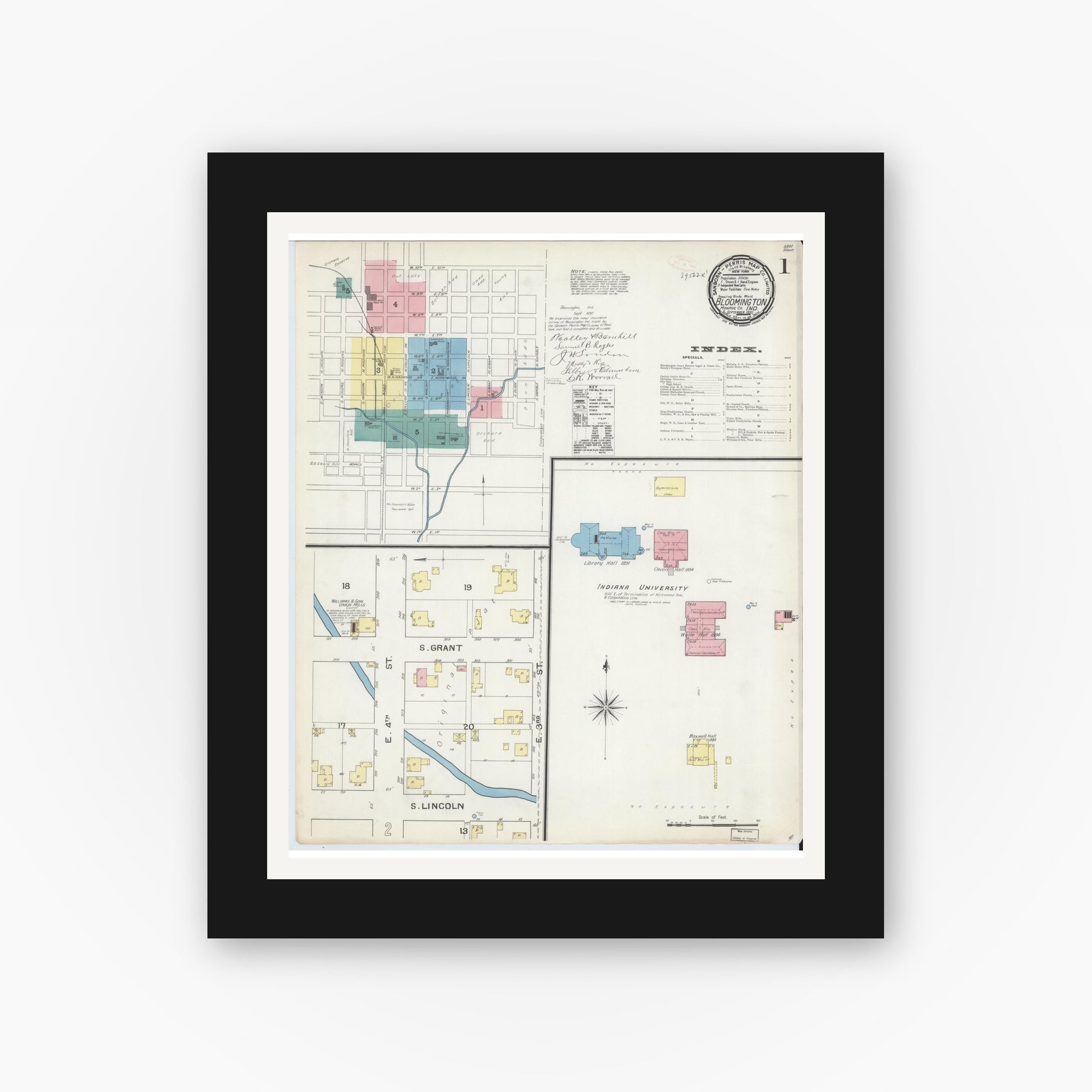 Old map wall art mockup — black gallery frame with white mat — Sanborn Fire Insurance Map from Bloomington, Monroe County, Indiana (1892) - Complete Map Set
