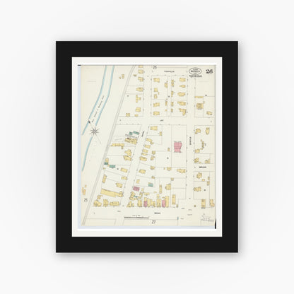 Old map wall art mockup — black gallery frame with white mat — Sanborn Fire Insurance Map from Warren, Trumbull County, Ohio (1902), Sheet #0026