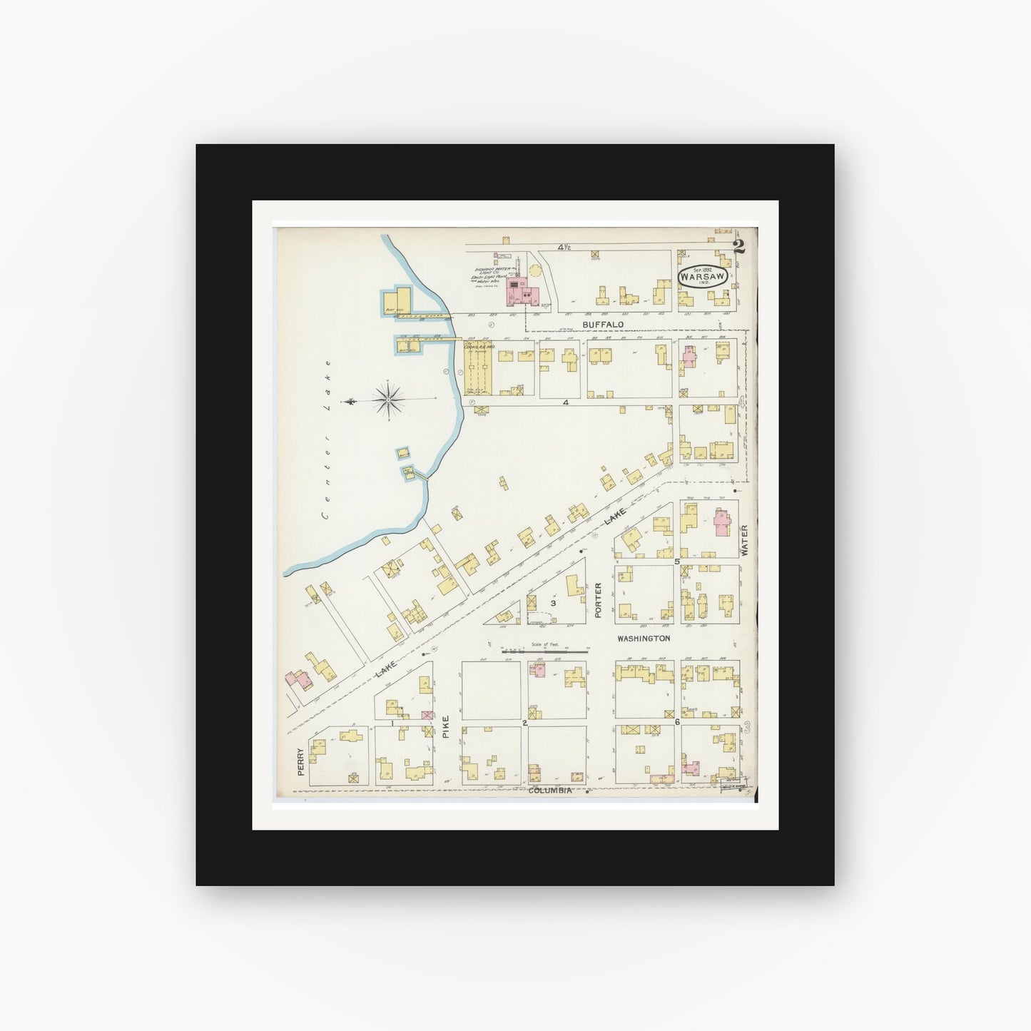 Old map wall art mockup — black gallery frame with white mat — Sanborn Fire Insurance Map from Warsaw, Kosciusko County, Indiana (1892), Sheet #0002