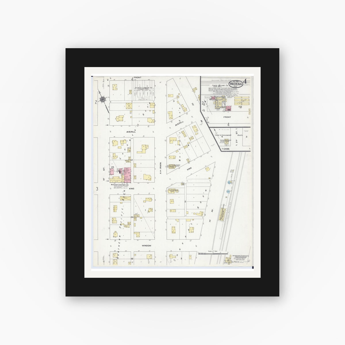 Old map wall art mockup — black gallery frame with white mat — Sanborn Fire Insurance Map from Wadena, Wadena County, Minnesota (1909), Sheet #0004