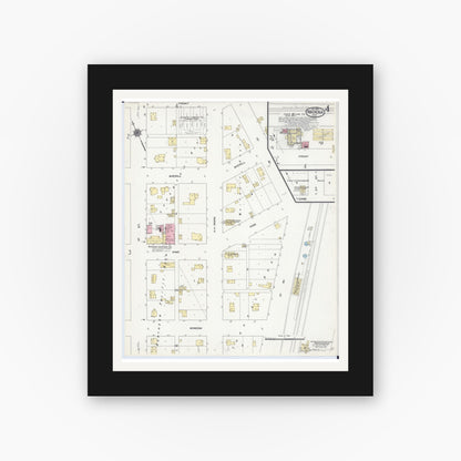 Old map wall art mockup — black gallery frame with white mat — Sanborn Fire Insurance Map from Wadena, Wadena County, Minnesota (1909), Sheet #0004