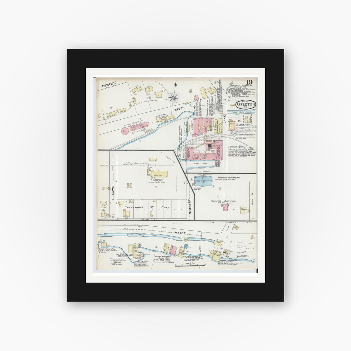 Old map wall art mockup — black gallery frame with white mat — Sanborn Fire Insurance Map from Appleton, Outagamie County, Wisconsin (1891), Sheet #0019