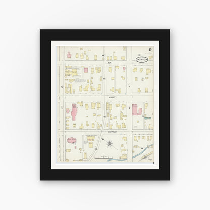 Old map wall art mockup — black gallery frame with white mat — Sanborn Fire Insurance Map from Franklin, Venango County, Pennsylvania (1891), Sheet #0009
