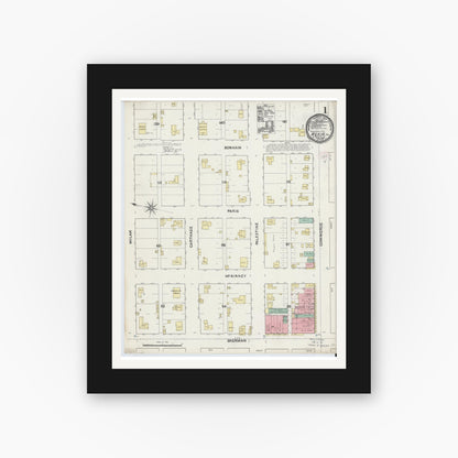 Old map wall art mockup — black gallery frame with white mat — Sanborn Fire Insurance Map from Mexia, Limestone County, Texas (1891), Sheet #0001
