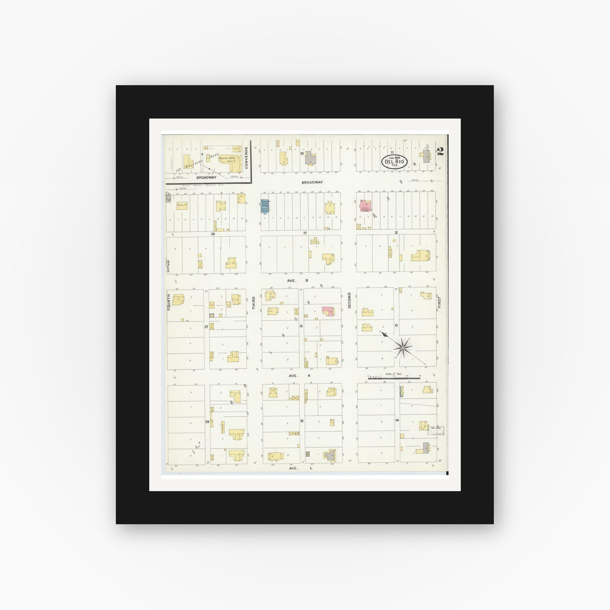 Old map wall art mockup — black gallery frame with white mat — Sanborn Fire Insurance Map from Del Rio, Val Verde County, Texas (1909), Sheet #0002