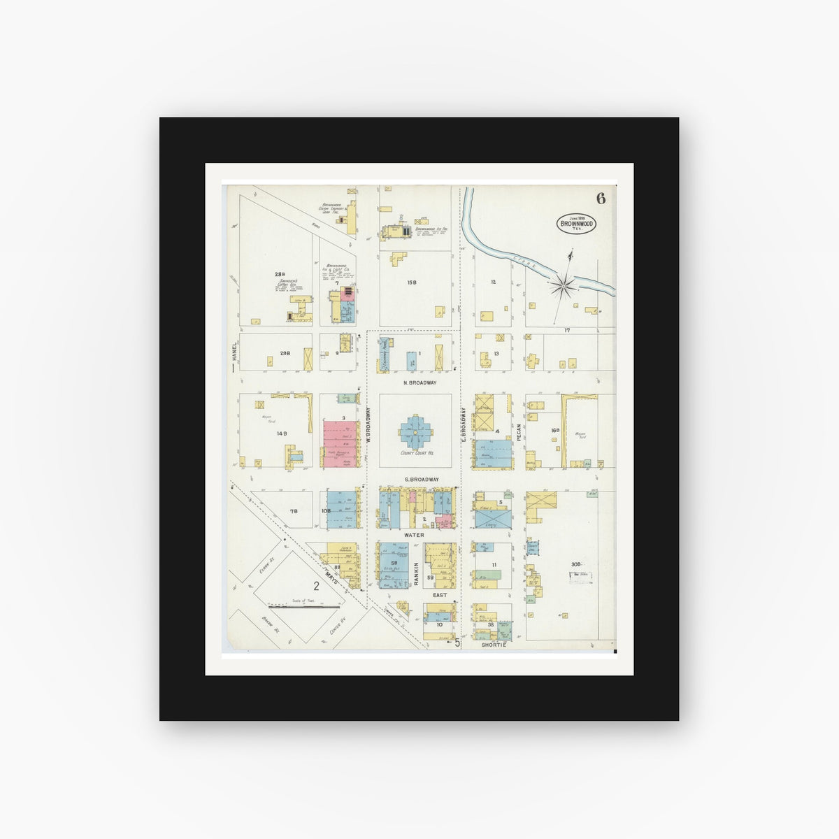 Old map wall art mockup — black gallery frame with white mat — Sanborn Fire Insurance Map from Brownwood, Brown County, Texas (1898), Sheet #0006