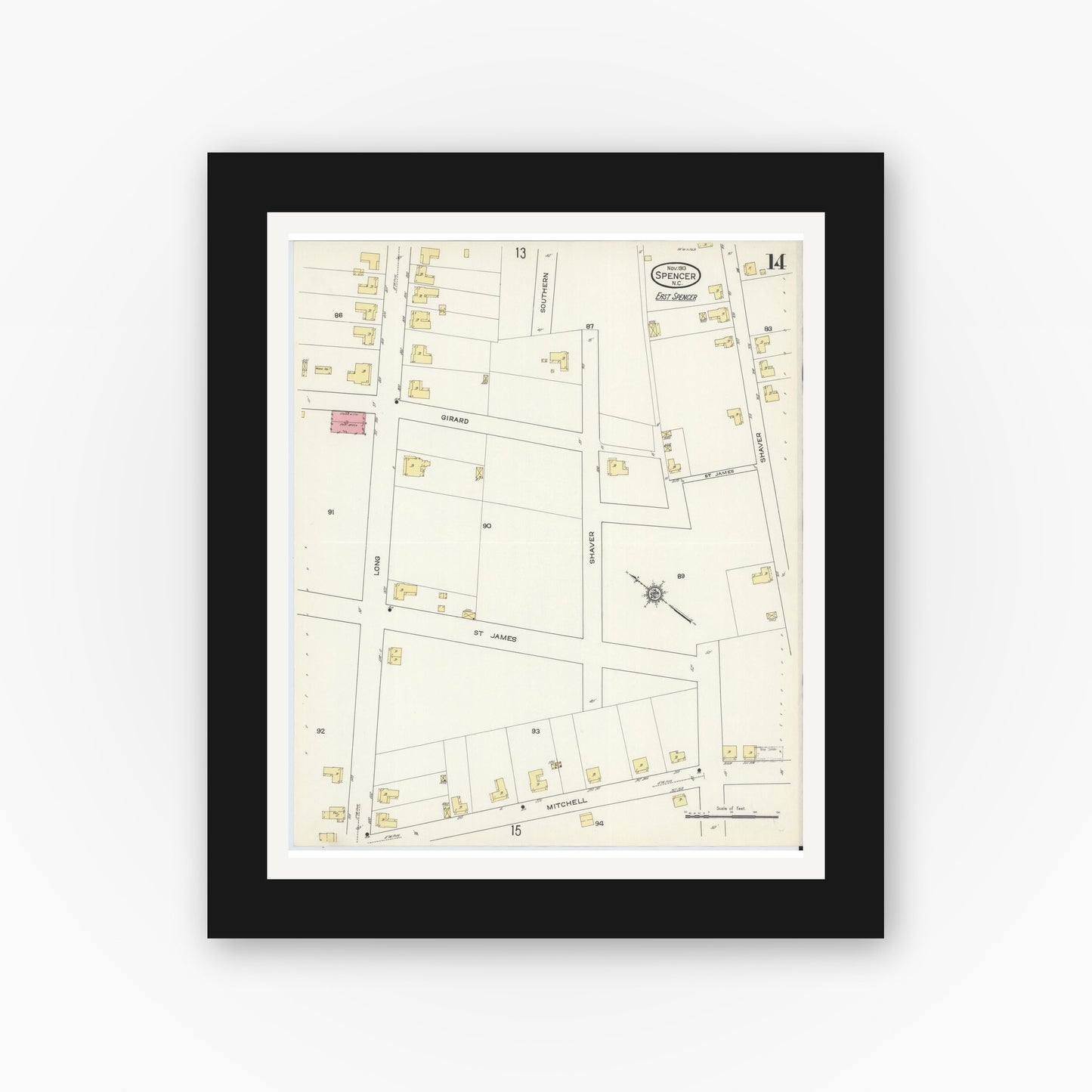 Old map wall art mockup — black gallery frame with white mat — Sanborn Fire Insurance Map from Spencer, Rowan County, North Carolina (1913), Sheet #0014