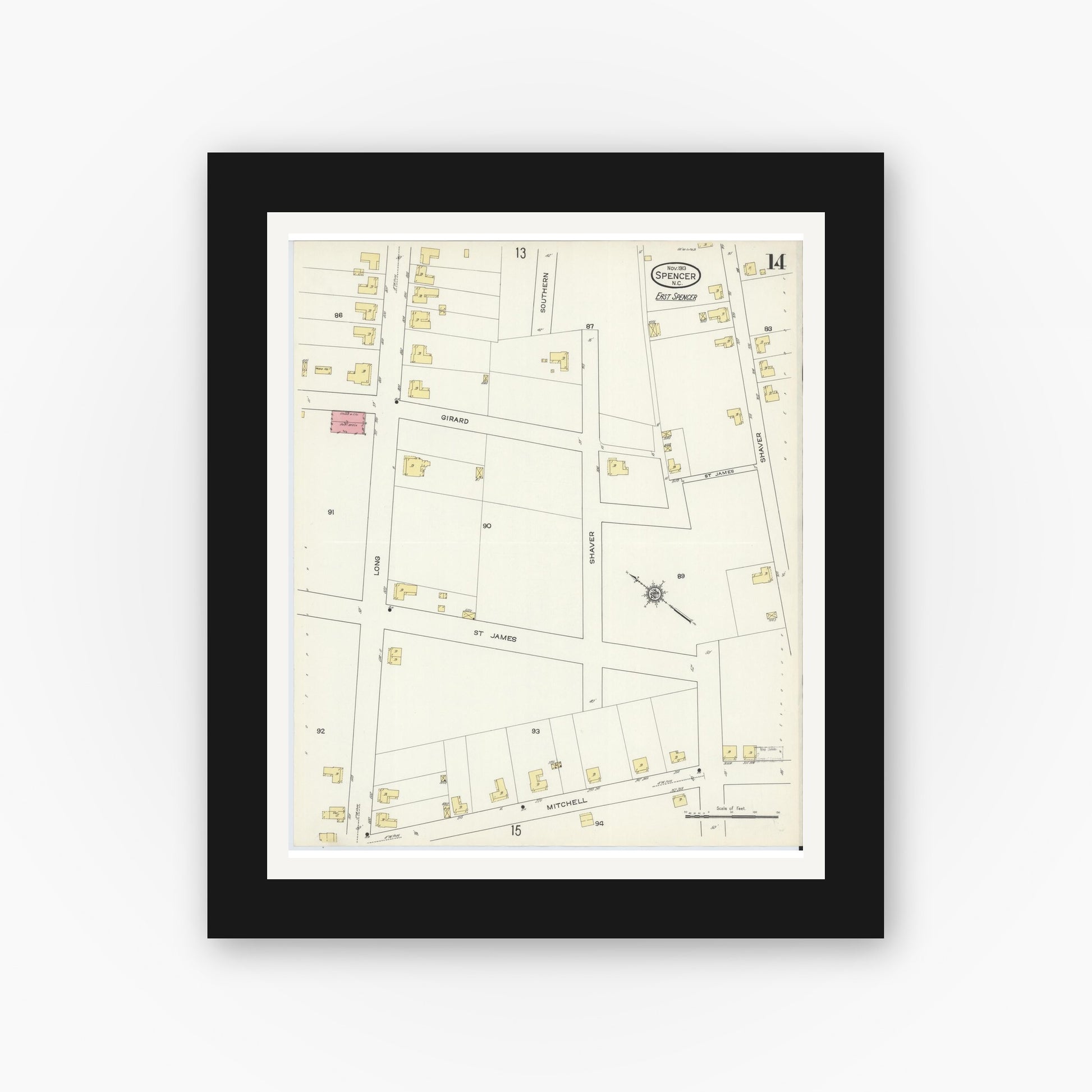 Old map wall art mockup — black gallery frame with white mat — Sanborn Fire Insurance Map from Spencer, Rowan County, North Carolina (1913), Sheet #0014