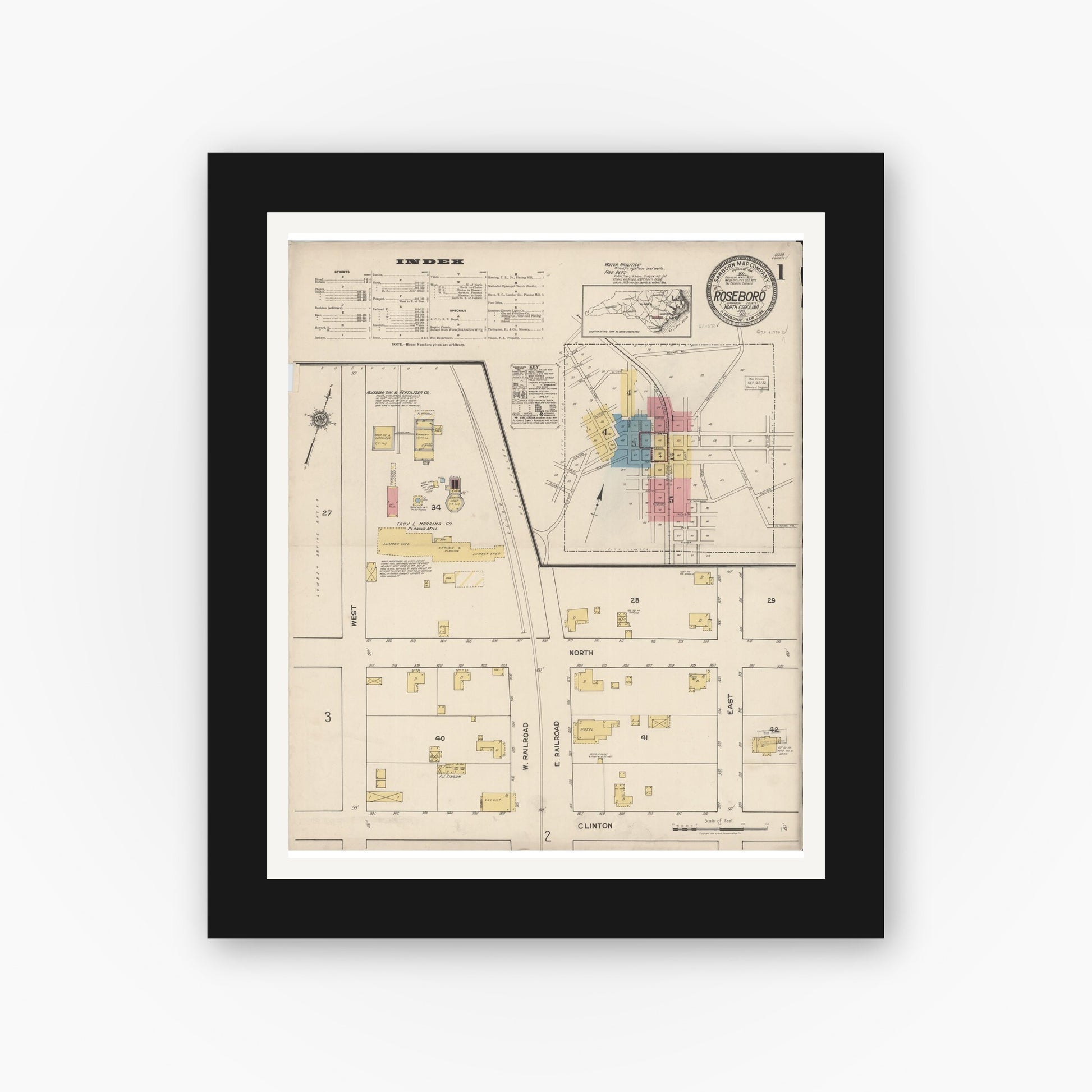 Old map wall art mockup — black gallery frame with white mat — Sanborn Fire Insurance Map from Roseboro, Sampson County, North Carolina (1922) - Complete Map Set