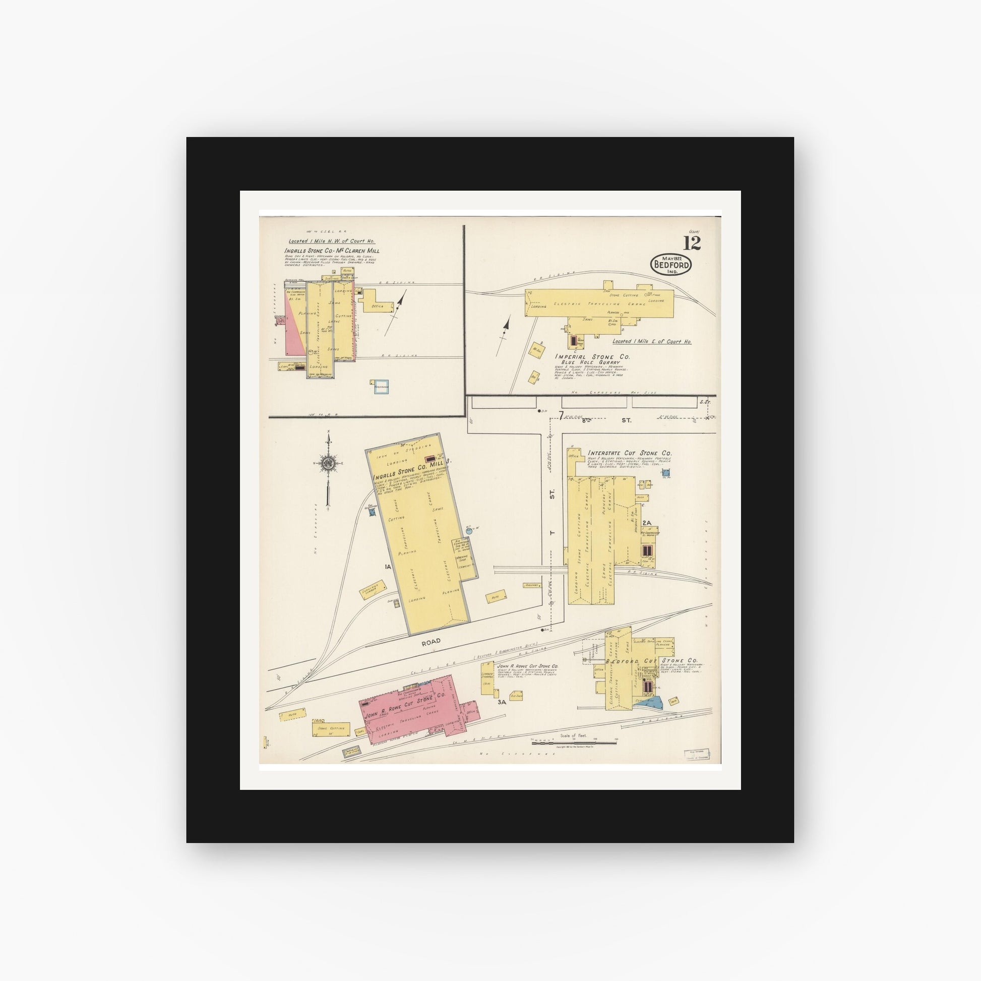Old map wall art mockup — black gallery frame with white mat — Sanborn Fire Insurance Map from Bedford, Lawrence County, Indiana (1922), Sheet #0012