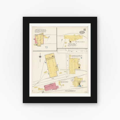 Old map wall art mockup — black gallery frame with white mat — Sanborn Fire Insurance Map from Bedford, Lawrence County, Indiana (1922), Sheet #0012