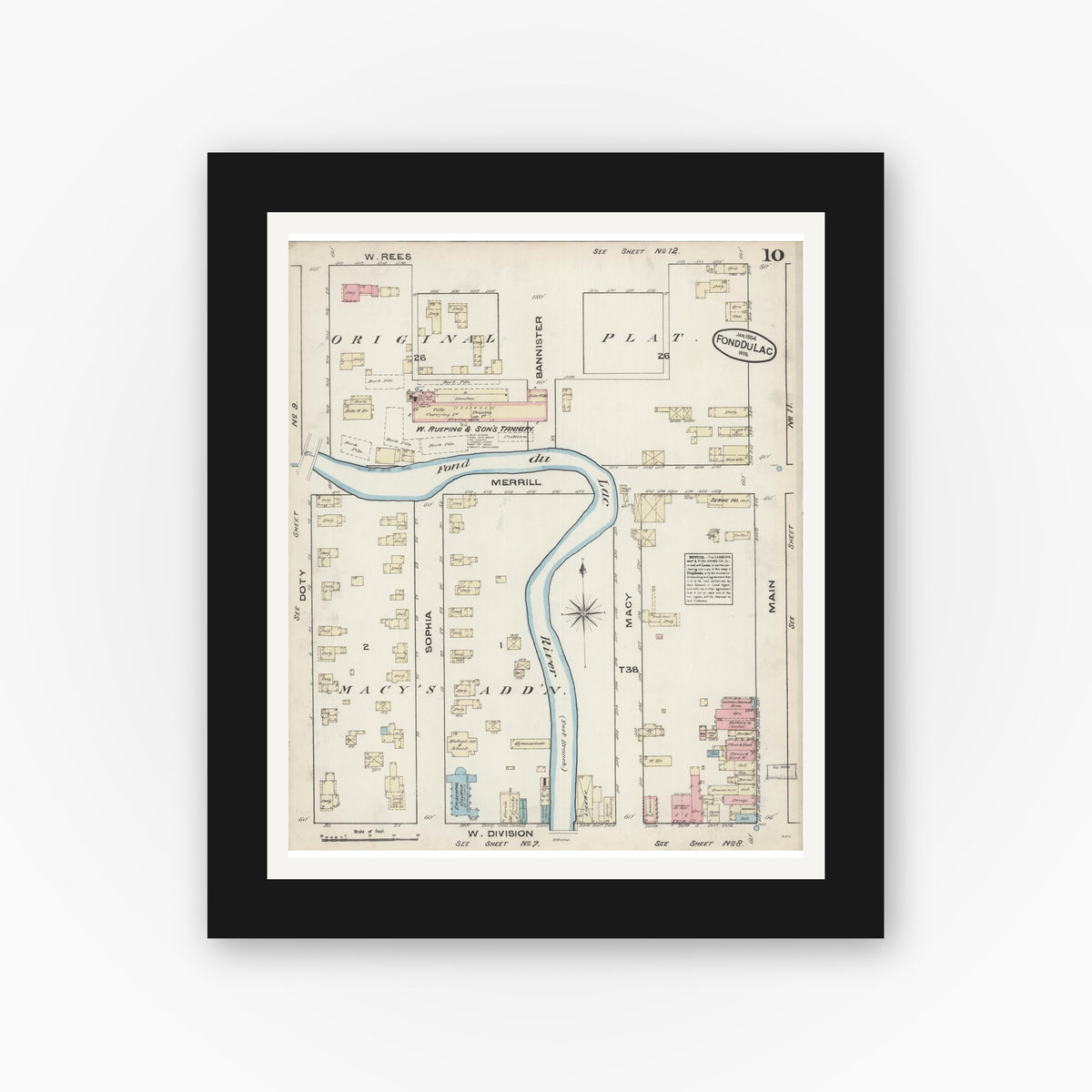 Old map wall art mockup — black gallery frame with white mat — Sanborn Fire Insurance Map from Fond du Lac, Fond du Lac County, Wisconsin (1884), Sheet #0010