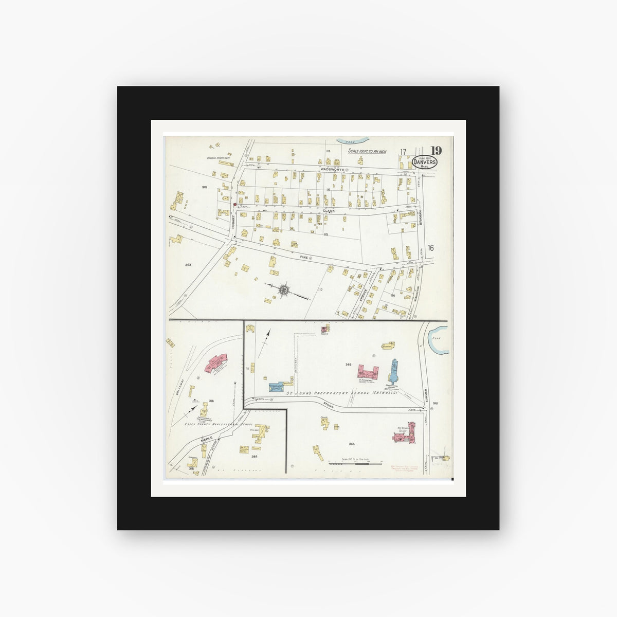 Old map wall art mockup — black gallery frame with white mat — Sanborn Fire Insurance Map from Danvers, Essex County, Massachusetts (1916), Sheet #0019