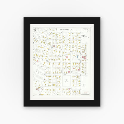 Old map wall art mockup — black gallery frame with white mat — Sanborn Fire Insurance Map from Monroe City, Monroe County, Missouri (1933), Sheet #0003