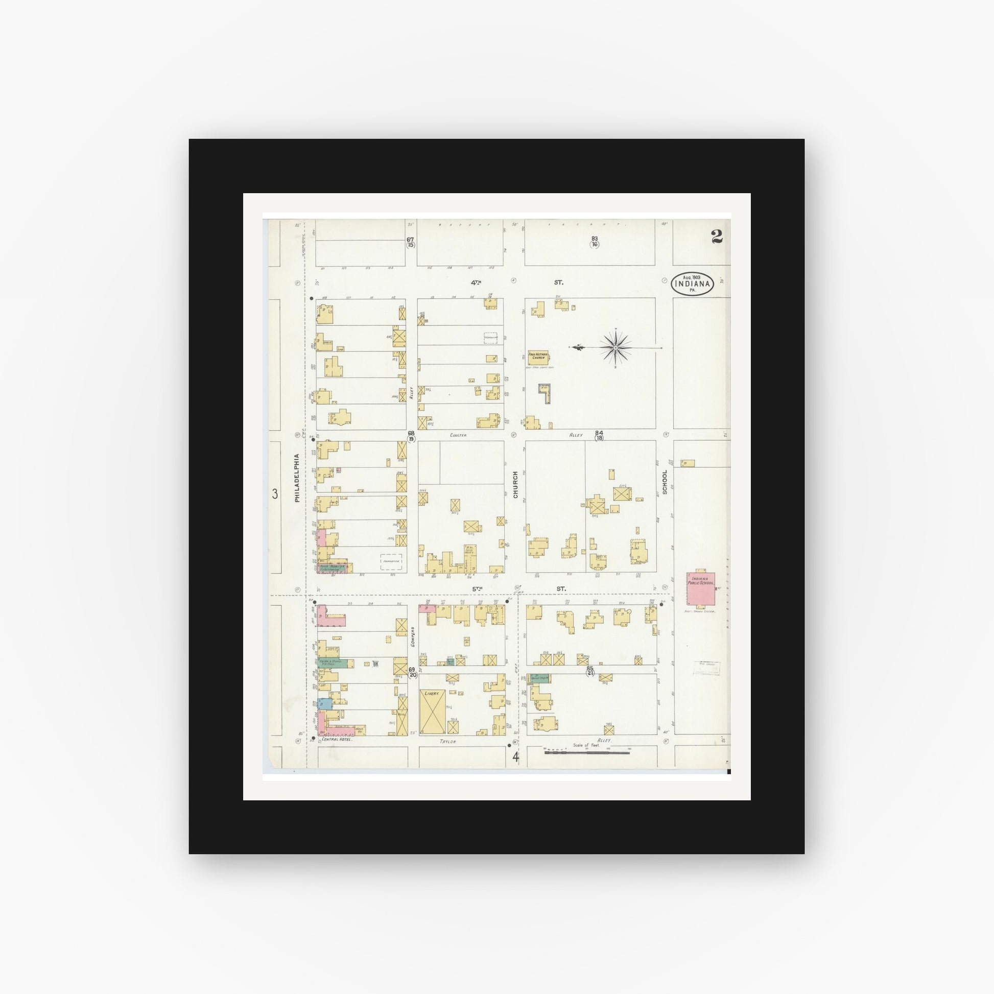 Old map wall art mockup — black gallery frame with white mat — Sanborn Fire Insurance Map from Indiana, Indiana County, Pennsylvania (1903), Sheet #0002