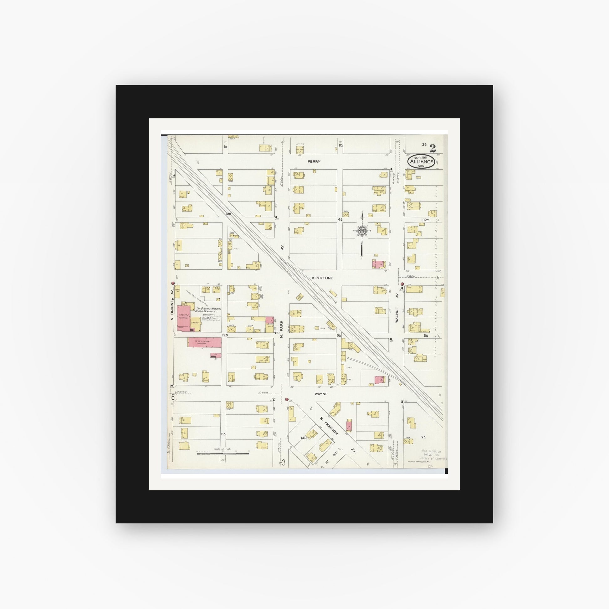 Old map wall art mockup — black gallery frame with white mat — Sanborn Fire Insurance Map from Alliance, Stark County, Ohio (1911), Sheet #0002