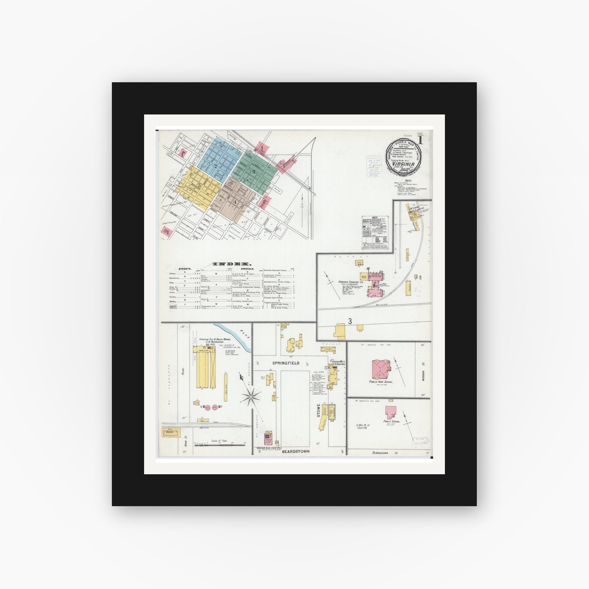 Old map wall art mockup — black gallery frame with white mat — Sanborn Fire Insurance Map from Virginia, Cass County, Illinois (1900) - Complete Map Set