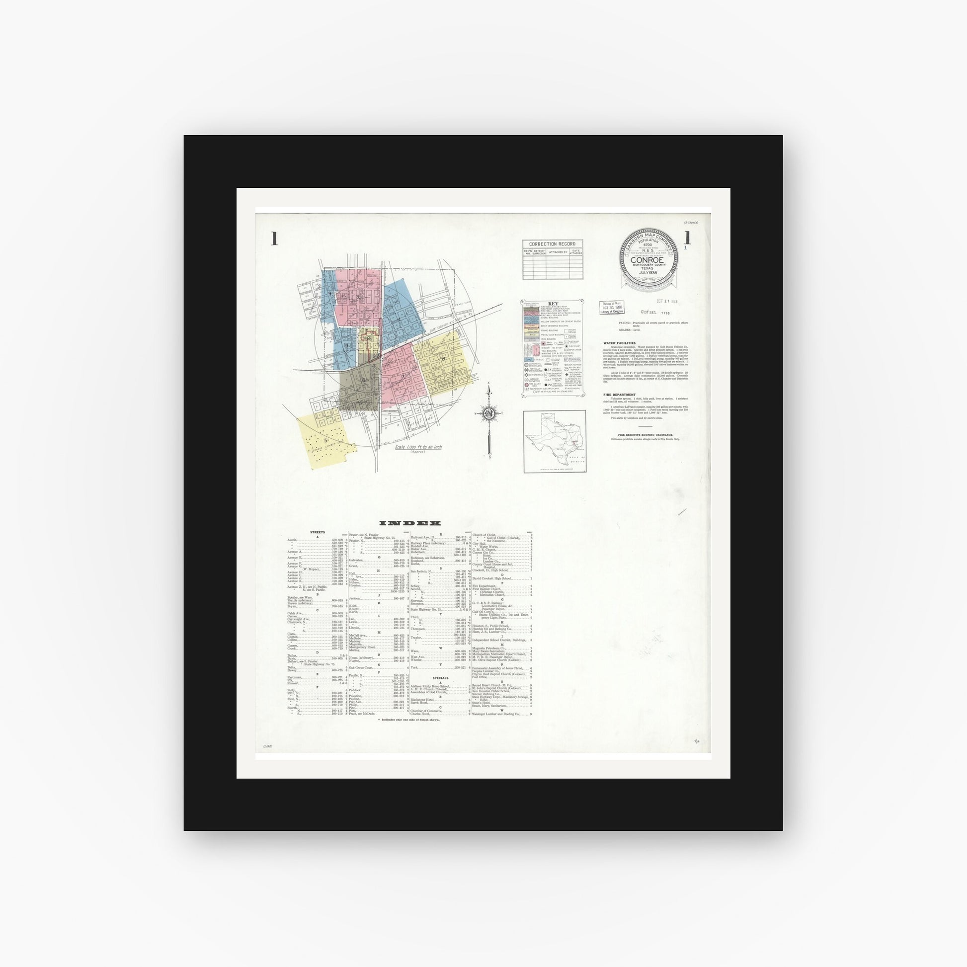 Old map wall art mockup — black gallery frame with white mat — Sanborn Fire Insurance Map from Conroe, Montgomery County, Texas (1938) - Complete Map Set