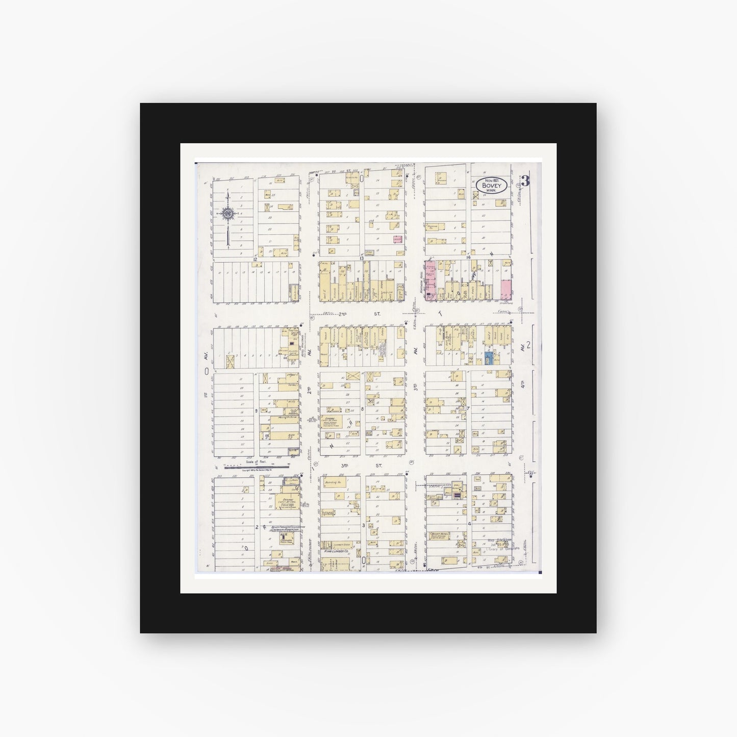 Old map wall art mockup — black gallery frame with white mat — Sanborn Fire Insurance Map from Bovey, Itasca County, Minnesota (1921), Sheet #0003