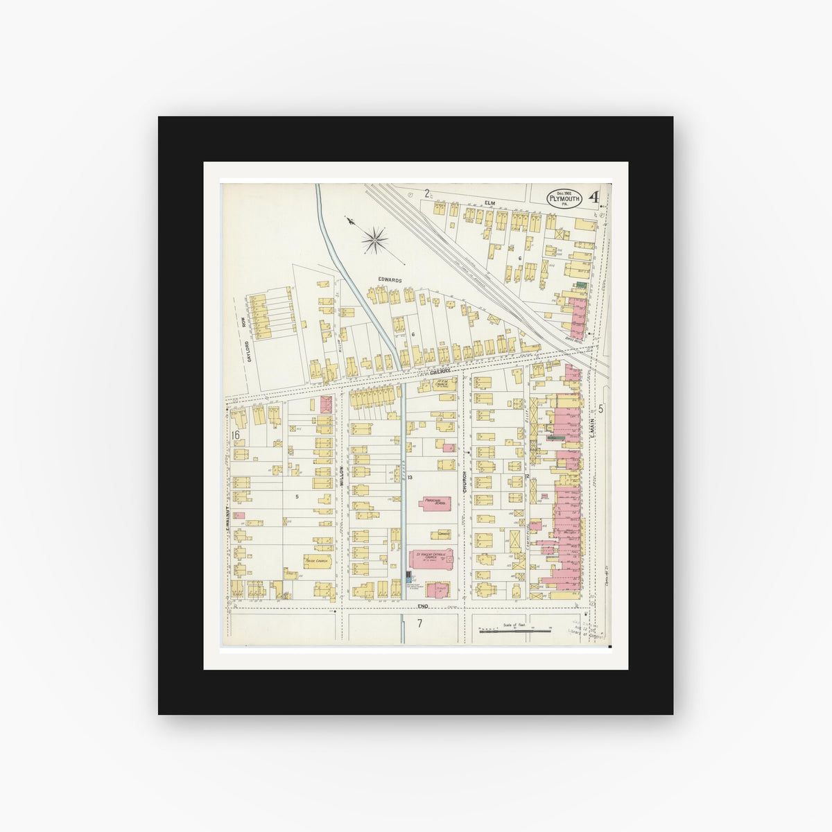 Old map wall art mockup — black gallery frame with white mat — Sanborn Fire Insurance Map from Plymouth, Luzerne County, Pennsylvania (1902), Sheet #0004