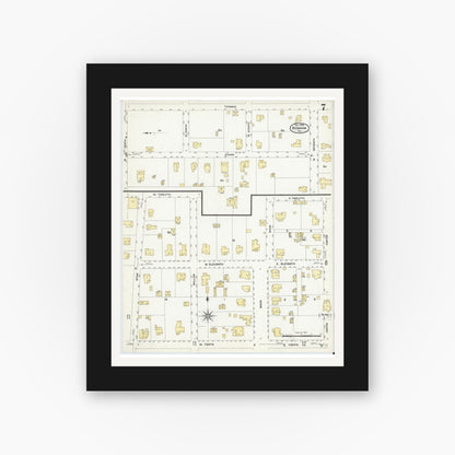 Old map wall art mockup — black gallery frame with white mat — Sanborn Fire Insurance Map from Bonham, Fannin County, Texas (1909), Sheet #0007