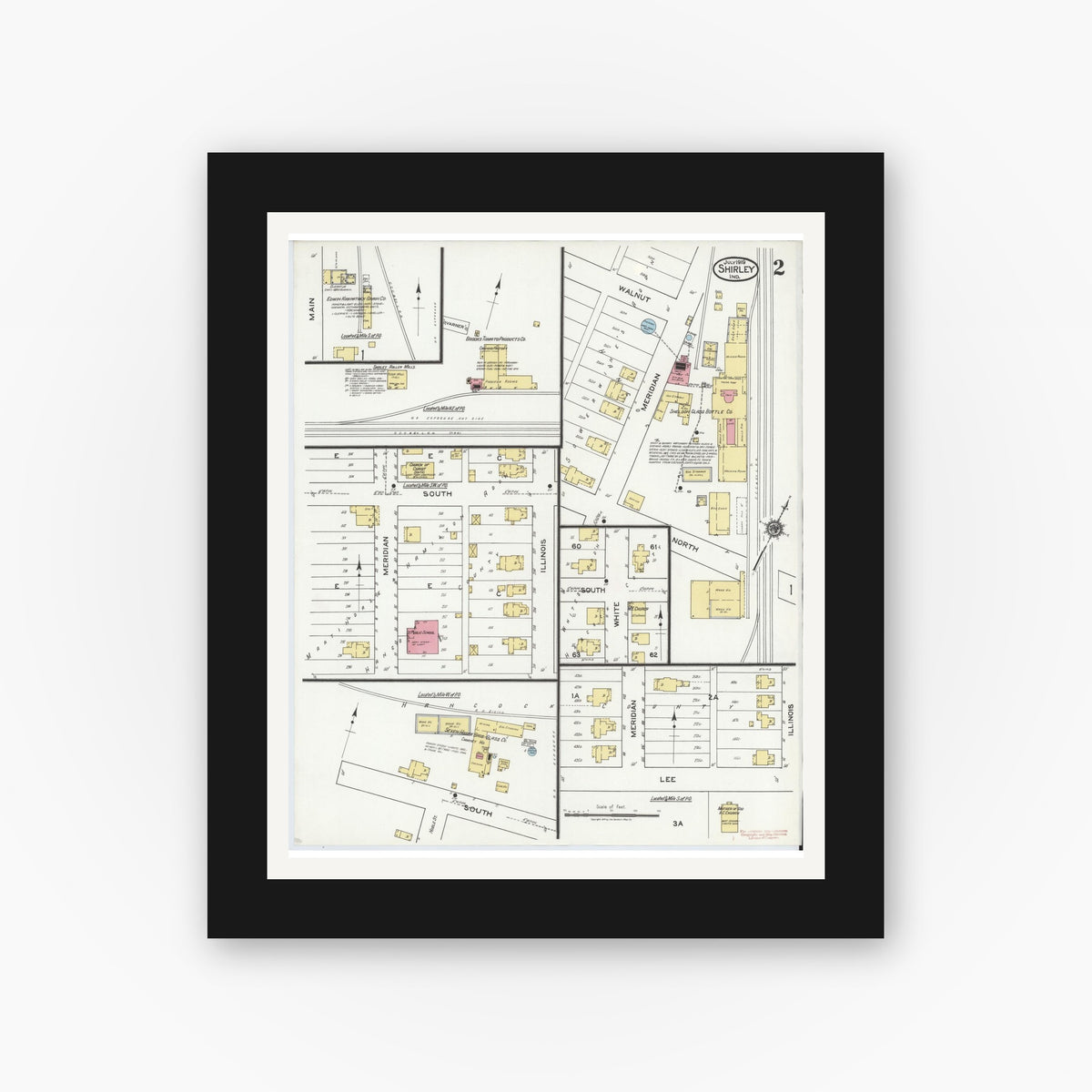 Old map wall art mockup — black gallery frame with white mat — Sanborn Fire Insurance Map from Shirley, Hancock And Henry Counties, Indiana (1919), Sheet #0002
