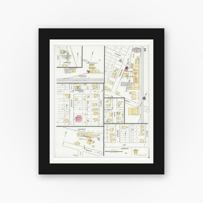 Old map wall art mockup — black gallery frame with white mat — Sanborn Fire Insurance Map from Shirley, Hancock And Henry Counties, Indiana (1919), Sheet #0002
