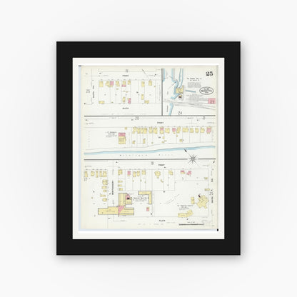 Old map wall art mockup — black gallery frame with white mat — Sanborn Fire Insurance Map from Marietta, Washington County, Ohio (1907), Sheet #0025