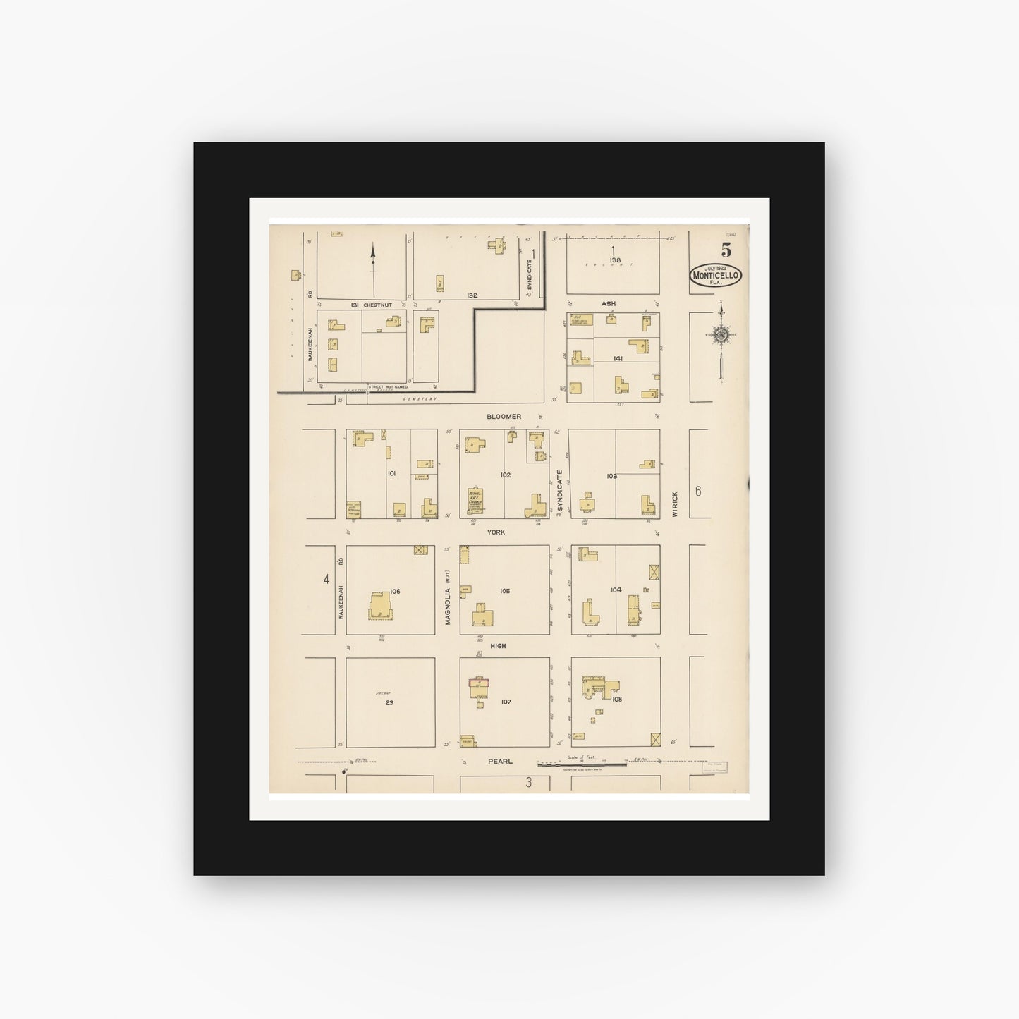 Old map wall art mockup — black gallery frame with white mat — Sanborn Fire Insurance Map from Monticello, Jefferson County, Florida (1922), Sheet #0005