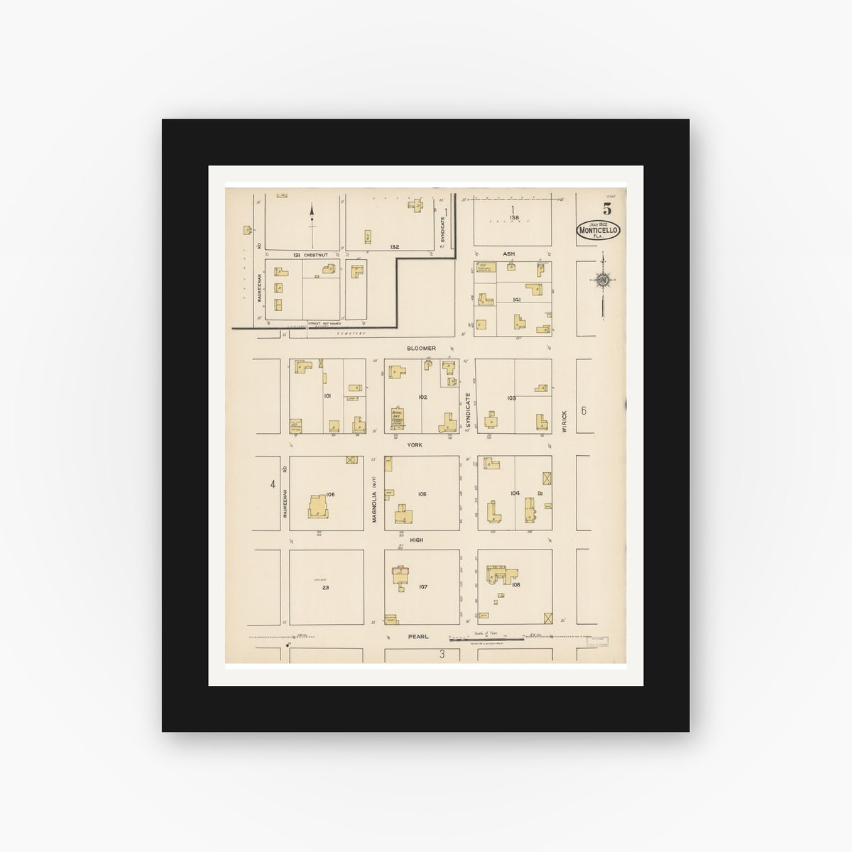 Old map wall art mockup — black gallery frame with white mat — Sanborn Fire Insurance Map from Monticello, Jefferson County, Florida (1922), Sheet #0005