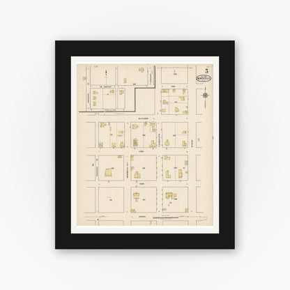 Old map wall art mockup — black gallery frame with white mat — Sanborn Fire Insurance Map from Monticello, Jefferson County, Florida (1922), Sheet #0005