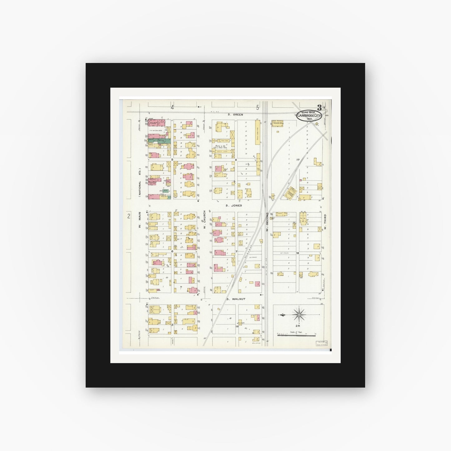 Old map wall art mockup — black gallery frame with white mat — Sanborn Fire Insurance Map from Cambridge City, Wayne County, Indiana (1908), Sheet #0003
