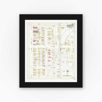 Old map wall art mockup — black gallery frame with white mat — Sanborn Fire Insurance Map from Cambridge City, Wayne County, Indiana (1908), Sheet #0003