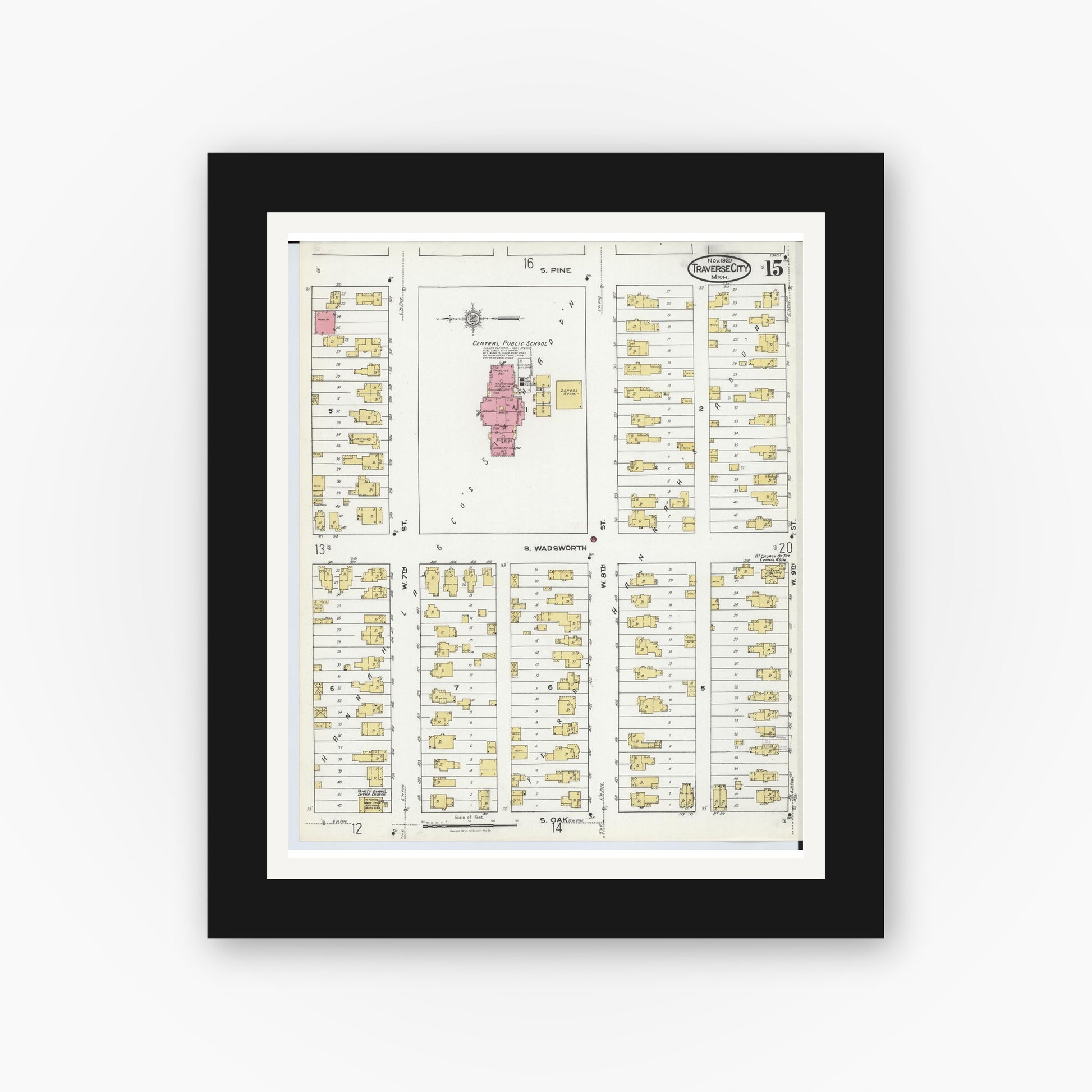 Old map wall art mockup — black gallery frame with white mat — Sanborn Fire Insurance Map from Traverse City, Grand Traverse County, Michigan (1920), Sheet #0015