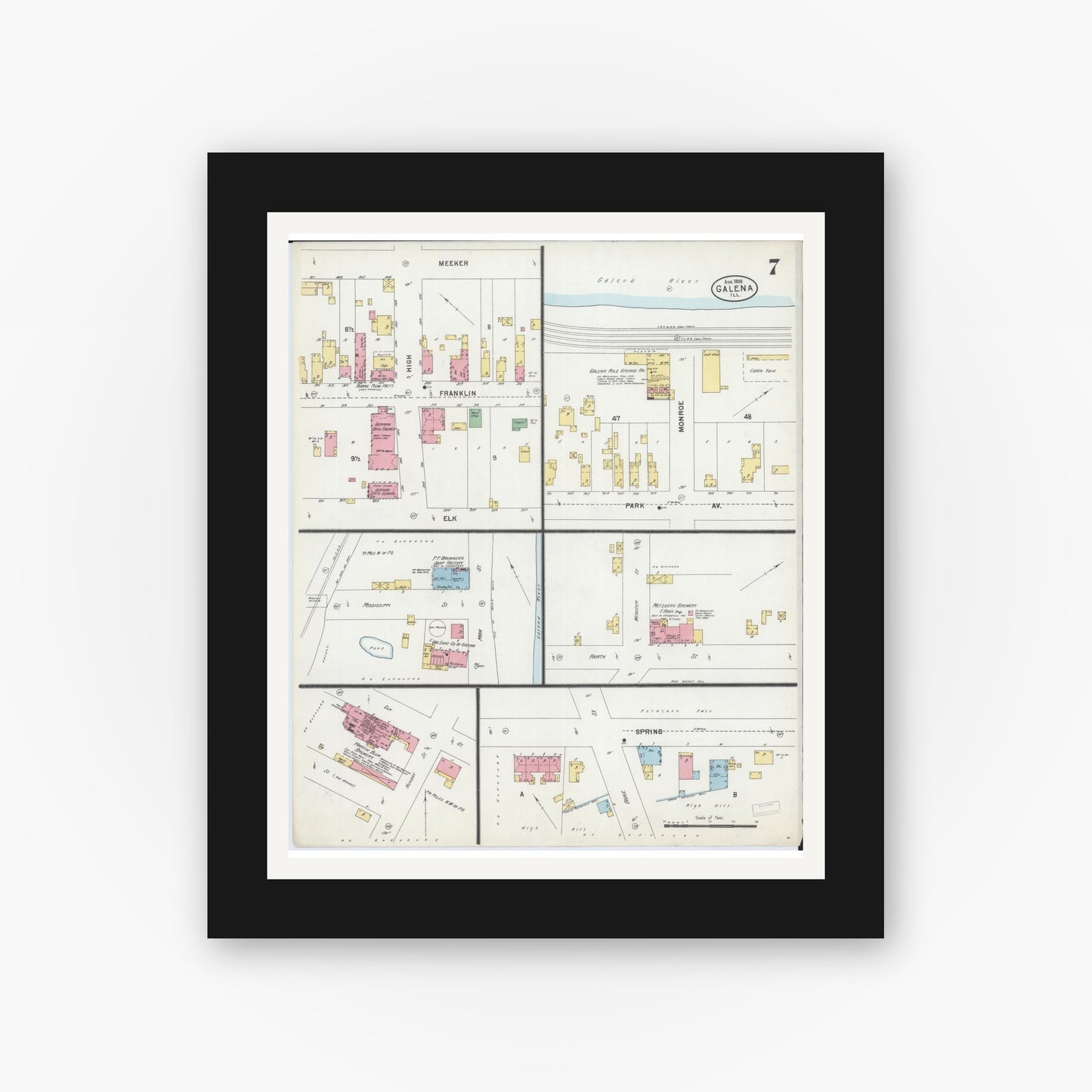 Old map wall art mockup — black gallery frame with white mat — Sanborn Fire Insurance Map from Galena, Jo Daviess County, Illinois (1898), Sheet #0007