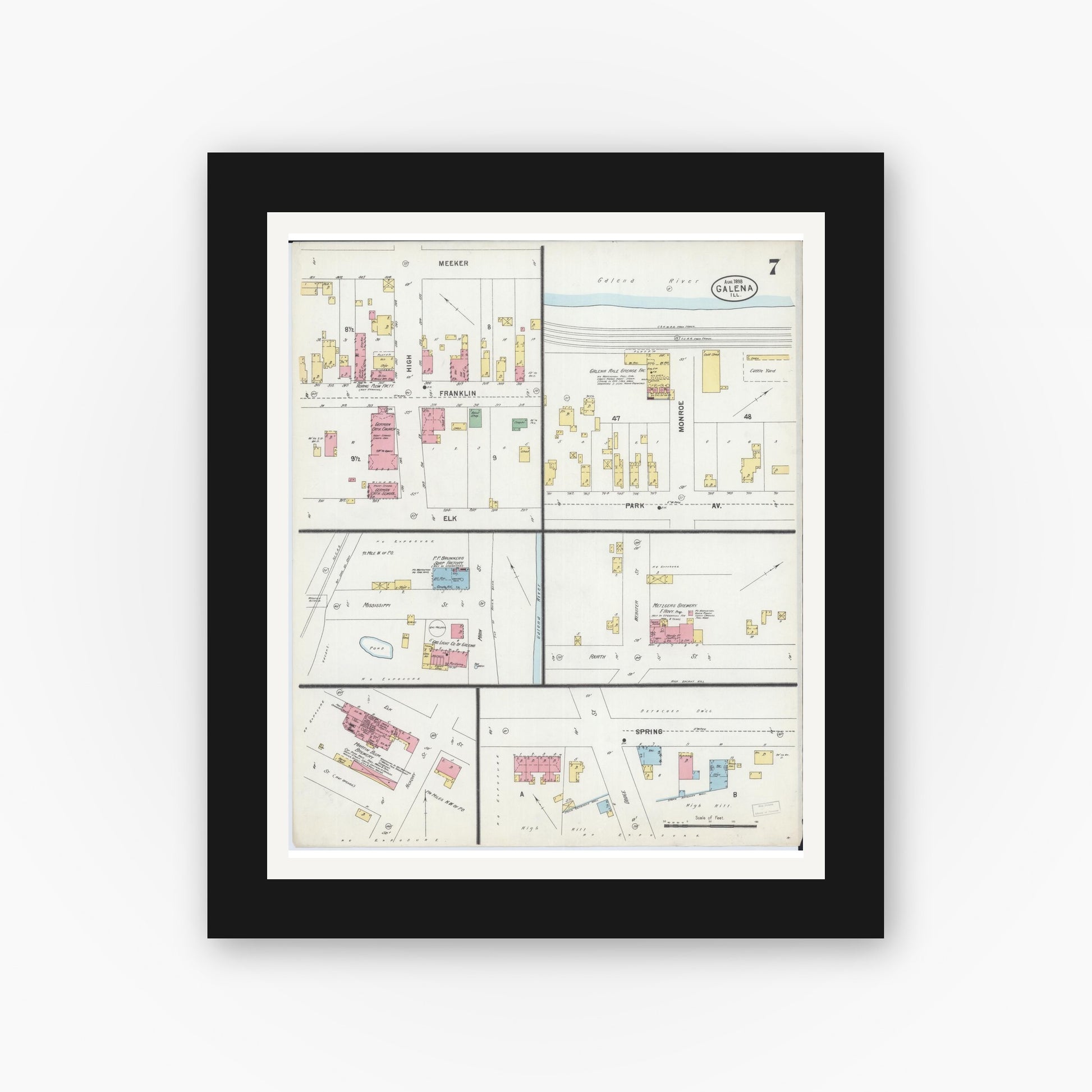 Old map wall art mockup — black gallery frame with white mat — Sanborn Fire Insurance Map from Galena, Jo Daviess County, Illinois (1898), Sheet #0007