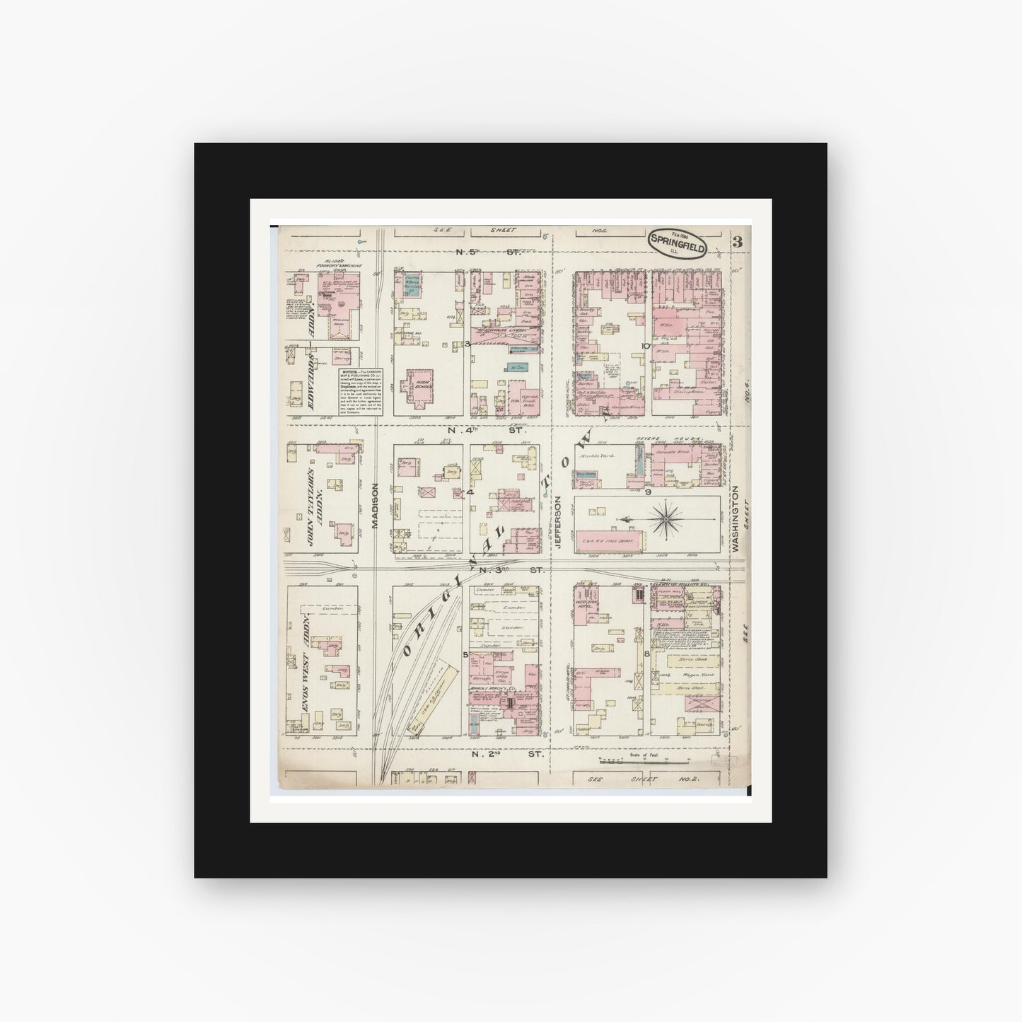 Old map wall art mockup — black gallery frame with white mat — Sanborn Fire Insurance Map from Springfield, Sangamon County, Illinois (1884), Sheet #0003