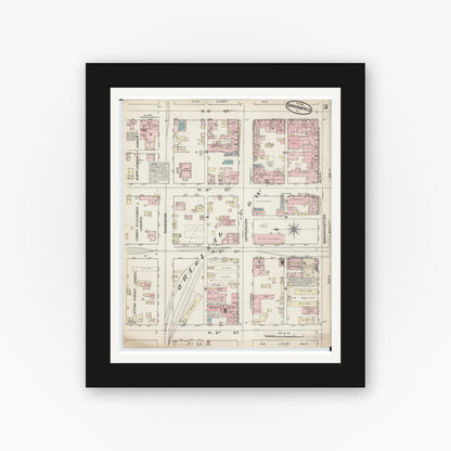 Old map wall art mockup — black gallery frame with white mat — Sanborn Fire Insurance Map from Springfield, Sangamon County, Illinois (1884), Sheet #0003