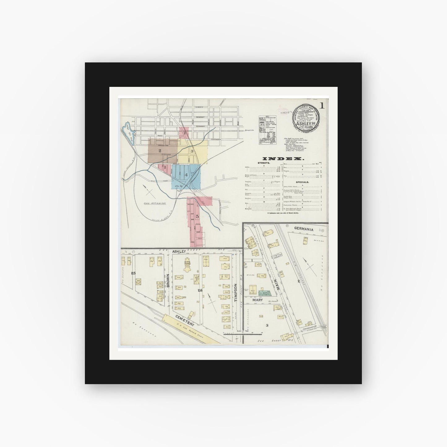 Old map wall art mockup — black gallery frame with white mat — Sanborn Fire Insurance Map from Ashley, Luzerne County, Pennsylvania (1891), Sheet #0001