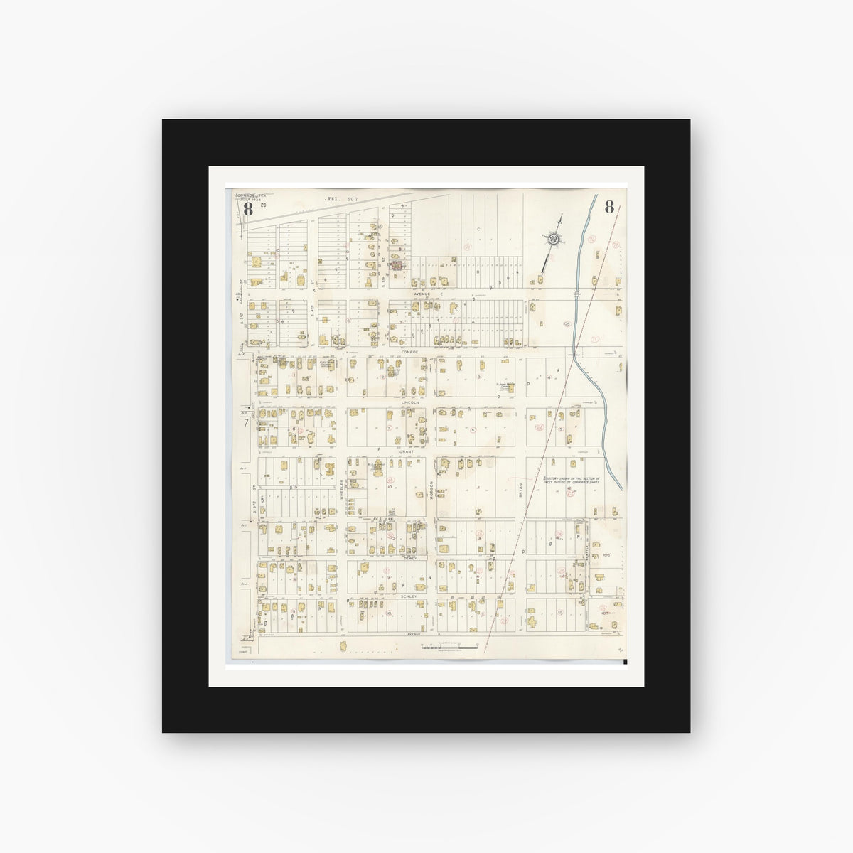 Old map wall art mockup — black gallery frame with white mat — Sanborn Fire Insurance Map from Conroe, Montgomery County, Texas (1943), Sheet #0008