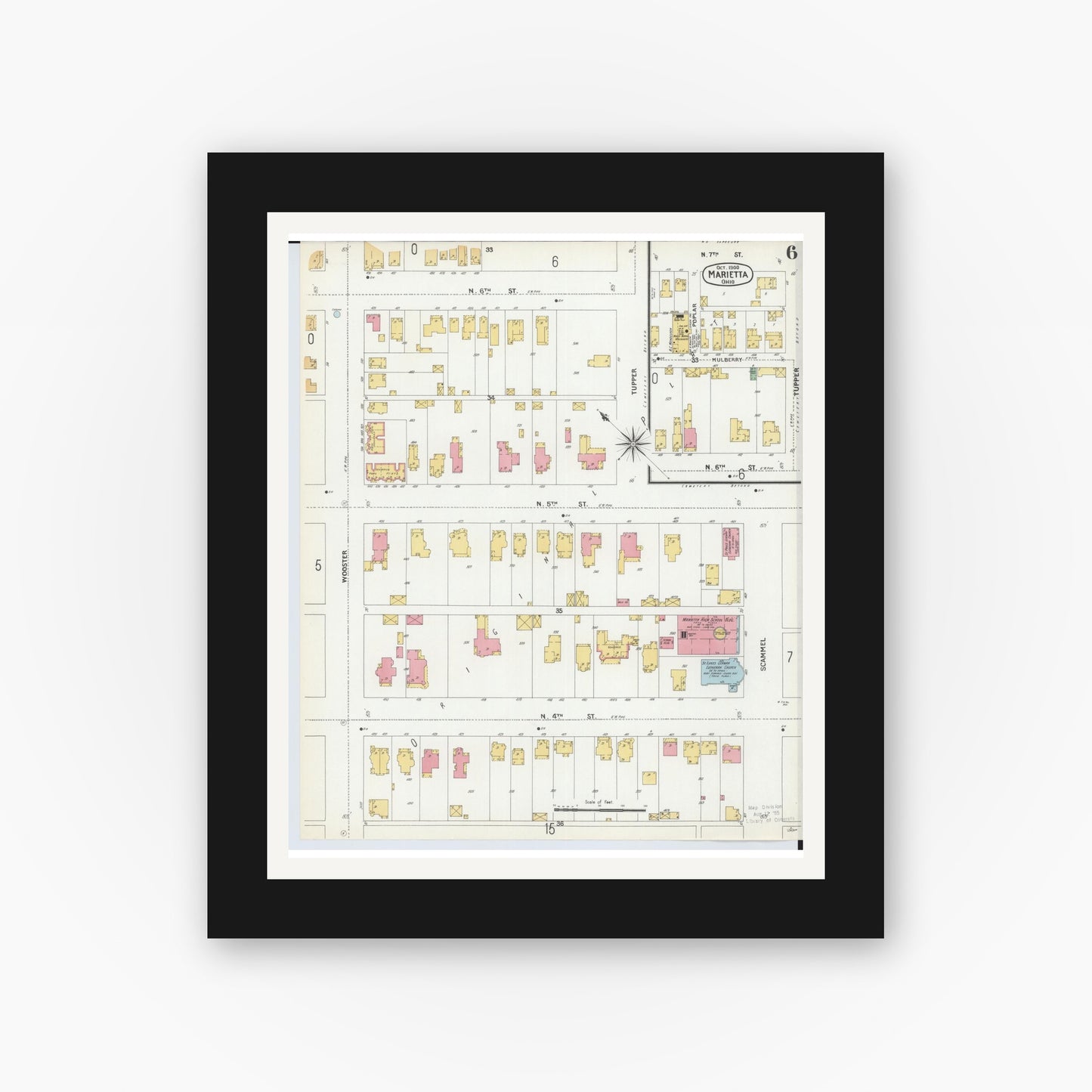 Old map wall art mockup — black gallery frame with white mat — Sanborn Fire Insurance Map from Marietta, Washington County, Ohio (1900), Sheet #0006